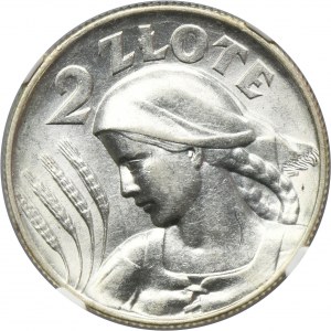 Kobieta i kłosy, 2 złote Londyn 1925 - kropka po dacie - NGC AU58