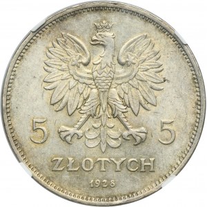 Nike, 5 złotych Bruksela 1928 - NGC AU55