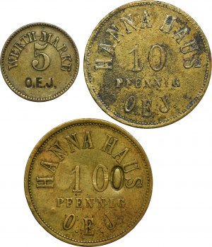 Set, Gleiwitz, Hanna Haus, 5 Pfennig, 10 Pfennig and 100 Pfennig (3 pcs.)