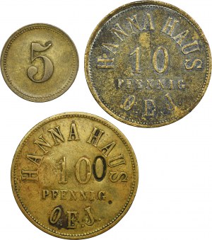 Set, Gleiwitz, Hanna Haus, 5 Pfennig, 10 Pfennig and 100 Pfennig (3 pcs.)
