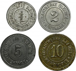 Set, Gleiwitz, Drahtwerke, 1 Pfennig, 2 Pfennig, 5 Pfennig and 10 Pfennig (4 pcs.)