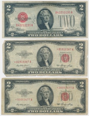 États-Unis, série de 2 dollars 1928-53 (3 pièces).