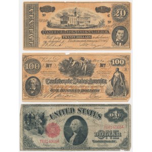 USA, zestaw 1-100 dolarów 1862-1917 (3 szt.)