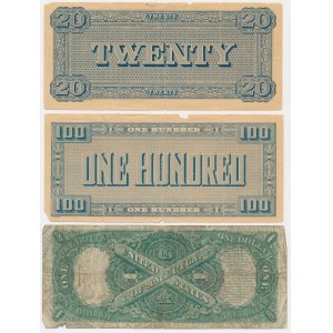 USA, zestaw 1-100 dolarów 1862-1917 (3 szt.)