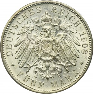 Germany, Kingdom of Württemberg, Wilhelm II, 5 Mark Stuttgart 1908 F