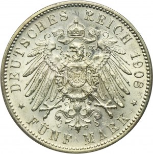 Germany, Kingdom of Württemberg, Wilhelm II, 5 Mark Stuttgart 1908 F
