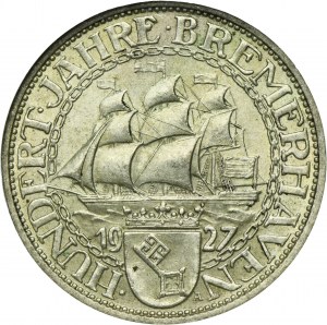 Germany, Weimar Republic, 3 Mark Berlin 1927 A - Bremerhaven