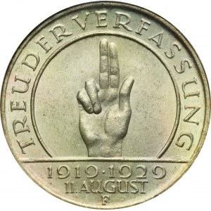Germany, Weimar Republic, 3 Mark Stuttgart 1929 F - Weimar Oath