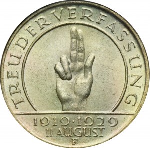 Germany, Weimar Republic, 3 Mark Stuttgart 1929 F - Weimar Oath