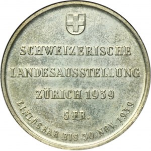 Switzerland, 5 Francs Le Locle 1939 HF - Exhibition in Zurich