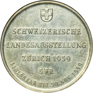 Switzerland, 5 Francs Le Locle 1939 HF - Exhibition in Zurich