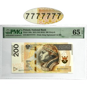 200 złotych 2015 - BX 7777777 - PMG 65 EPQ - SOLID