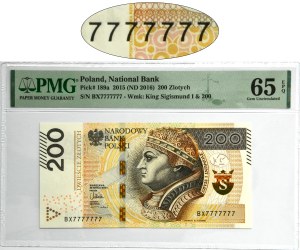 200 złotych 2015 - BX 7777777 - PMG 65 EPQ - SOLID