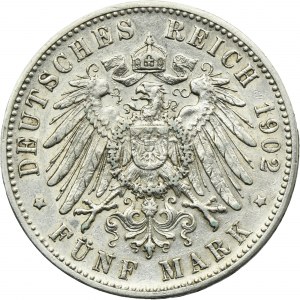 Germany, Kingdom of Württemberg, Wilhelm II, 5 Mark Stuttgart 1902 F