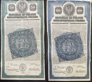6% Pożyczka Dolarowa 1920, skonwertowana na 4,5%, obligacja 50 i 100 dolarów - zestaw 2 szt.