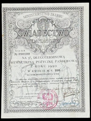 5% Long-term State Loan, temporary certificate 1920, 100 mkp