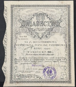5% Long-term State Loan, temporary certificate 1920, 500 mkp