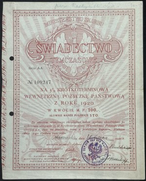 5% Short-term State Loan, temporary certificate 1920, 100 mkp