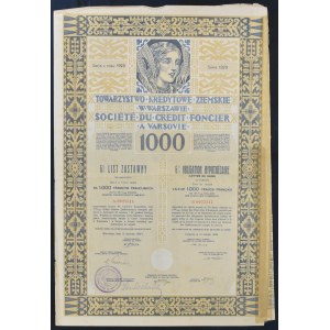 Towarzystwo Kredytowe Ziemskie w Warszawie, 6% list zastawny 1929, 1.000 franków francuskich