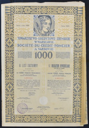 Towarzystwo Kredytowe Ziemskie w Warszawie, 6% list zastawny 1929, 1.000 franków francuskich