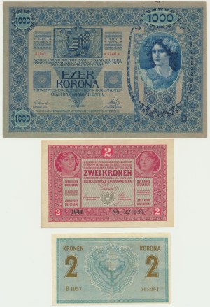 Autriche, ensemble 2-1 000 couronnes 1902-17 (3 pièces).