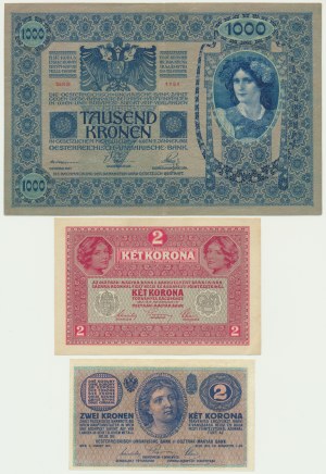 Autriche, ensemble 2-1 000 couronnes 1902-17 (3 pièces).