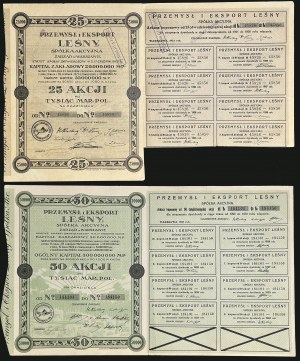 Przemysł i Eksport Leśny SA, 25 x 1.000 mkp 1921 i 50 x 1.000 1923 - zestaw 2 szt.