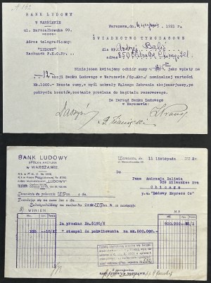 Bank Ludowy S.A. in Warsaw - provisional certificate (signed by Ignacy Daszynski) and document of confirmation of the accountant