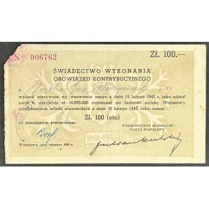 Warszawa, Świadectwo wykonania obowiązku kontrybucyjnego o wartości 100 zł 1943