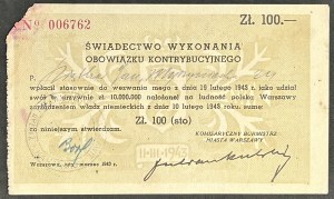 Warszawa, Świadectwo wykonania obowiązku kontrybucyjnego o wartości 100 zł 1943
