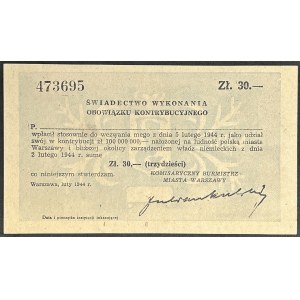 Warszawa, Świadectwo wykonania obowiązku kontrybucyjnego o wartości 30 zł 1944