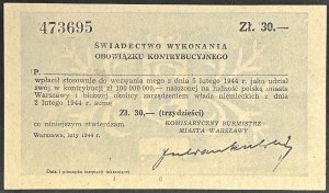 Warszawa, Świadectwo wykonania obowiązku kontrybucyjnego o wartości 30 zł 1944