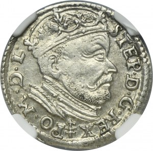 Stefan Batory, Trojak Vilnius 1585 - armoiries Renard avec fer de lance - NGC MS60