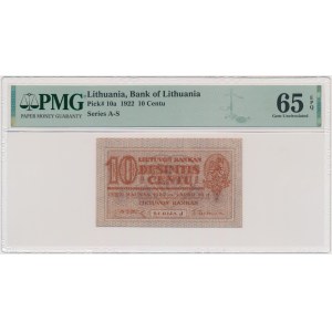 Lithuania, 10 Cents 1922 - PMG 65 EPQ