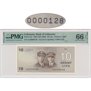 Lithuania, 10 Litu 1991 - AA - PMG 66 EPQ - with error - LOW NUMBER