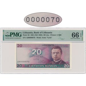 Lithuania, 20 Litu 1991 (1993) - AB - PMG 66 EPQ - LOW NUMBER
