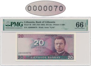 Lithuania, 20 Litu 1991 (1993) - AB - PMG 66 EPQ - LOW NUMBER