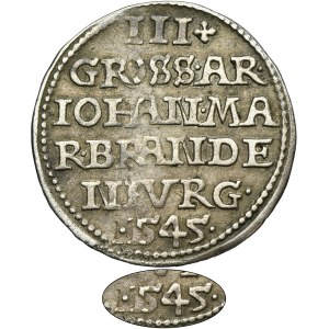 Silesia, Duchy of Crossen, Johann von Küstrin, 3 Groschen Crossen 1545 - VERY RARE