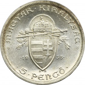 Hungary, Miklós Horthy, 5 Pengö Budapest 1938 BP
