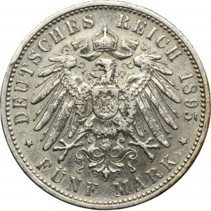Germany, Württemberg, Wilhelm II, 5 Mark Stuttgart 1895 F