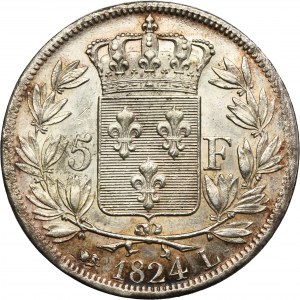 France, Louis XVIII, 5 Francs Bayonne 1824 L
