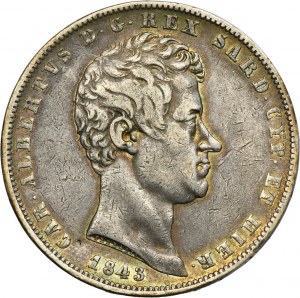 Italy, Kingdom of Sardinia, Carlo Alberto, 5 Lire Genoa 1843 P