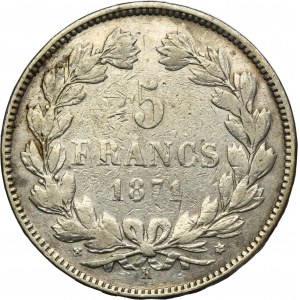 France, Third Republic, 5 Francs Bordeaux 1871 K