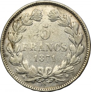 France, Third Republic, 5 Francs Bordeaux 1871 K