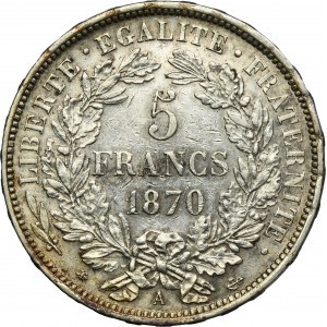 France, Third Republic, 5 Francs Paris 1870 A