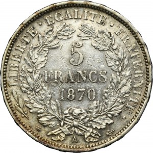 France, Third Republic, 5 Francs Paris 1870 A