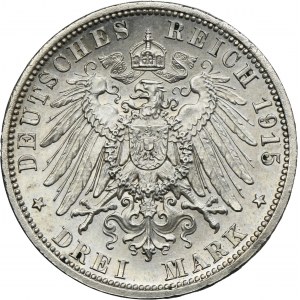 Germany, Brunswick-Lüneburg, Ernst August von Hannover, 3 Mark Berlin 1915 A