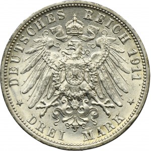 Germany, Kingdom of Württemberg, William II, 3 Mark Stuttgart 1911 F
