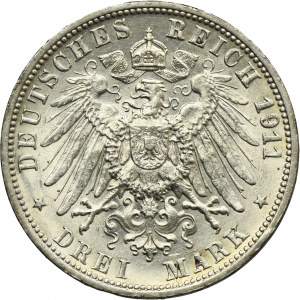 Germany, Kingdom of Württemberg, William II, 3 Mark Stuttgart 1911 F