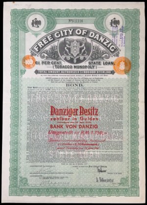 Danzig, Tobacco Monopoly, £100 1927, Danziger Besitz